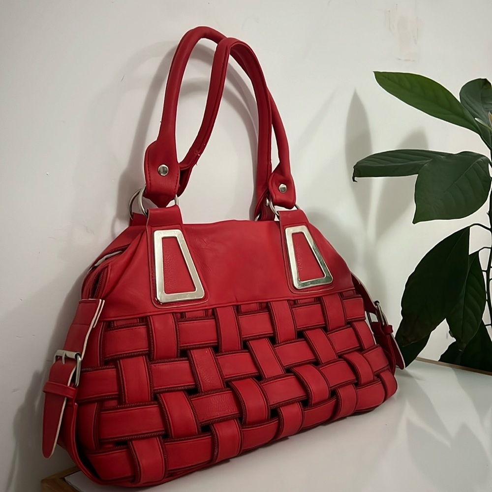 Red and Silver Woven Tote with Glossy Finish